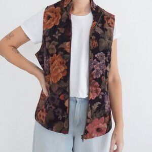 Vintage White Stag Black Floral Tapestry Rose Bouquet Woven  Victorian Vest L